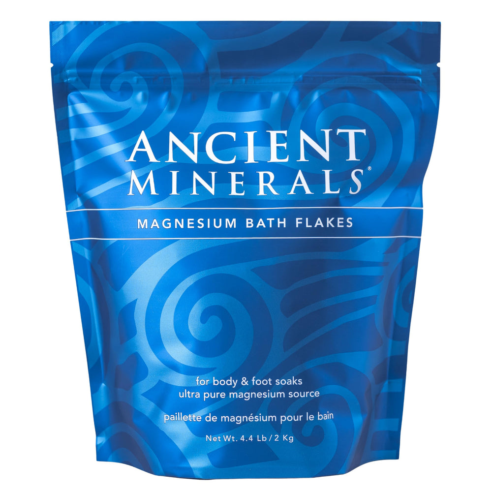 Ancient Minerals magnesium bath flakes packaging shows a pure relaxation soak.