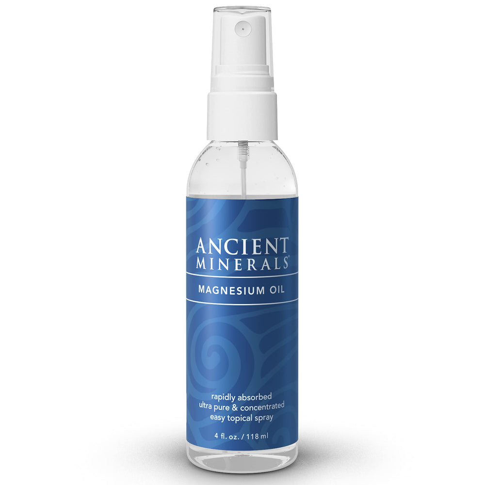 Ancient Minerals magnesium oil bottle-4oz for convenient daily topical magnesium application.