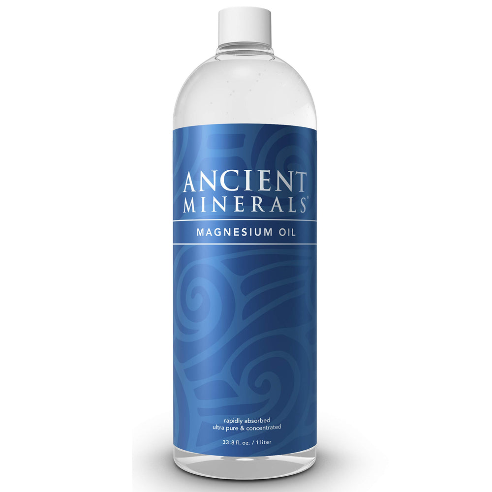 Ancient Minerals magnesium oil refill bottle label highlights purity and skin support.