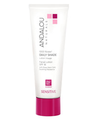 Andalou Naturals 1000 Roses Daily Shade SPF 18 bottle shows ultra sheer hydration and protection