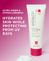 Andalou Naturals 1000 Roses Daily Shade ingredients graphic emphasizes alpine rose stem cells