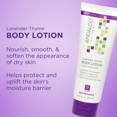 Andalou Naturals Lavender Thyme lotion with lavender bloom signals calming scent.