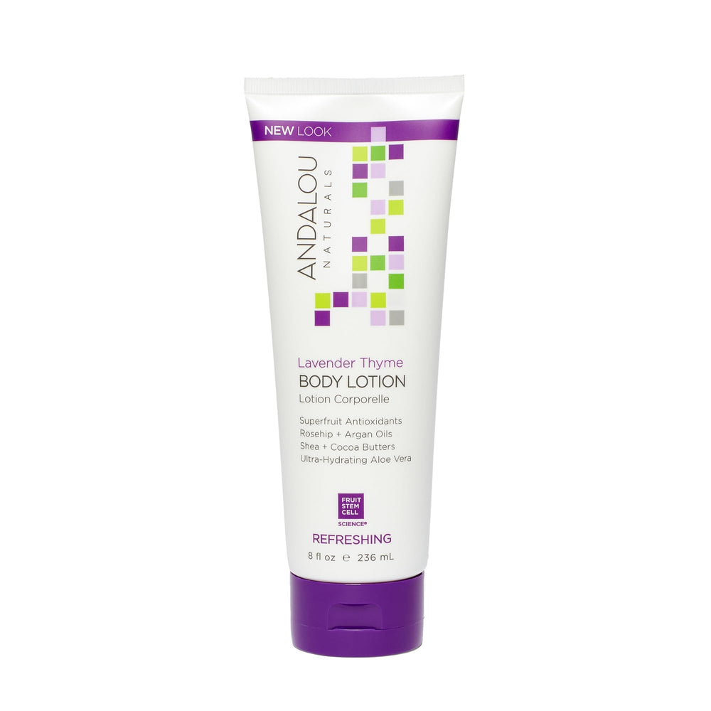 Andalou Naturals Lavender Thyme lotion bottle provides daily hydration for dry skin.