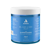 Andis Blade Care Plus Dip Jar label close-up showing 7-in-1 benefits for blade maintenance