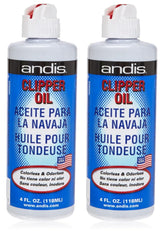Andis clipper oil bottle close-up shows a colorless formula for smoother blade operation.