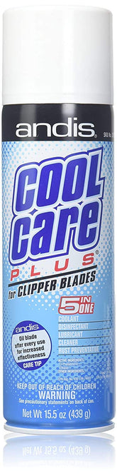 Andis DPD Cool Care Plus bottle close-up highlights blade cleaning and cooling benefits.