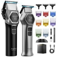 AngFan professional hair clippers package shows cordless setup for busy barbers.