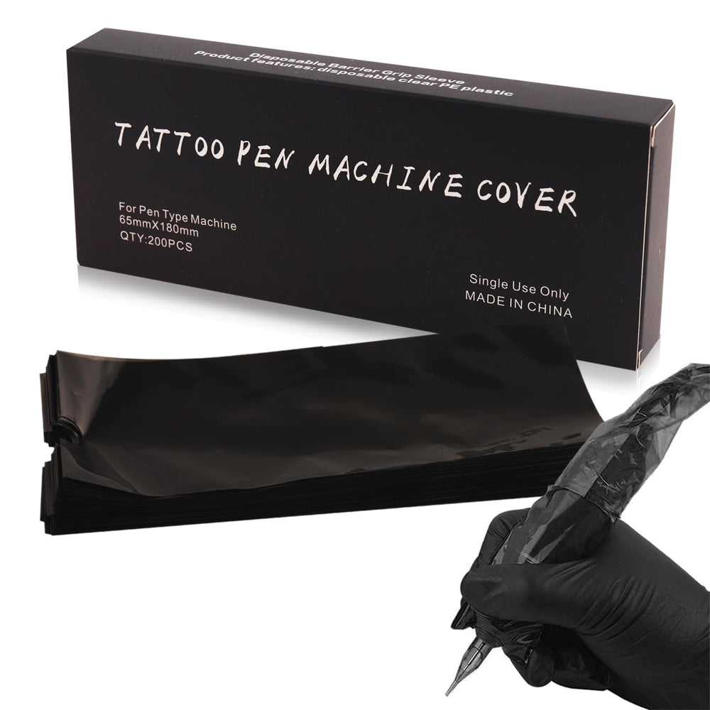 Anghie tattoo machine covers box packaging in black, showing durable 200-piece set for thicker machines.