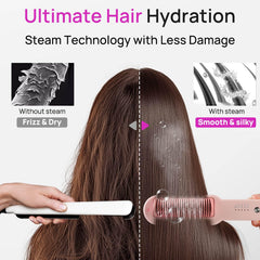 ANIEKIN 3-in-1 steam straightener brush heat-setting dial closeup for temperature control.