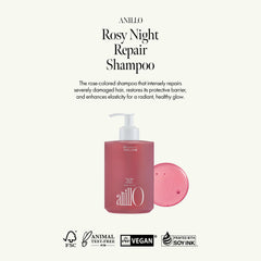 ANILLO Rosy Night Repair Shampoo label closeup emphasizes Damask Rose Water and ceramide nourishment