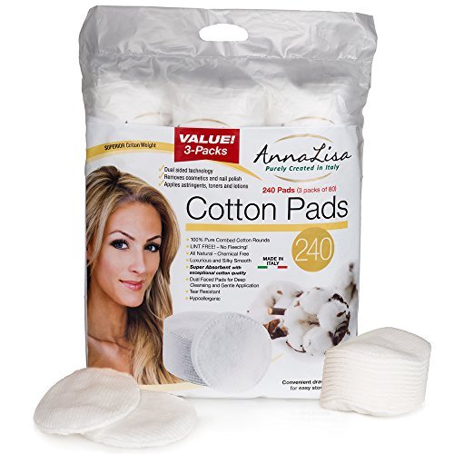 Annalisa cotton pads 240-count package, ultra-absorbent for makeup removal and nail polish cleansing.