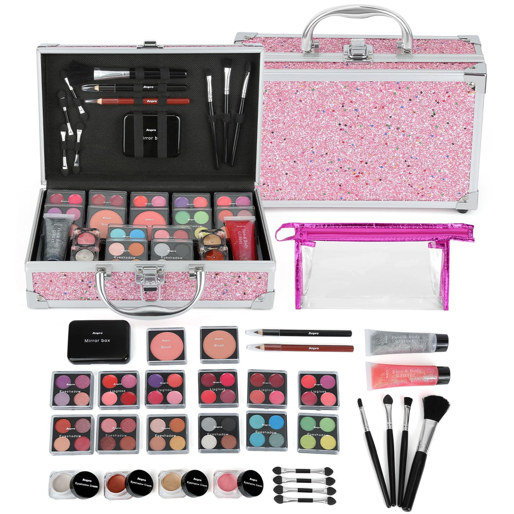 Anpro all-in-one makeup kit case front shows portable travel storage for teens.