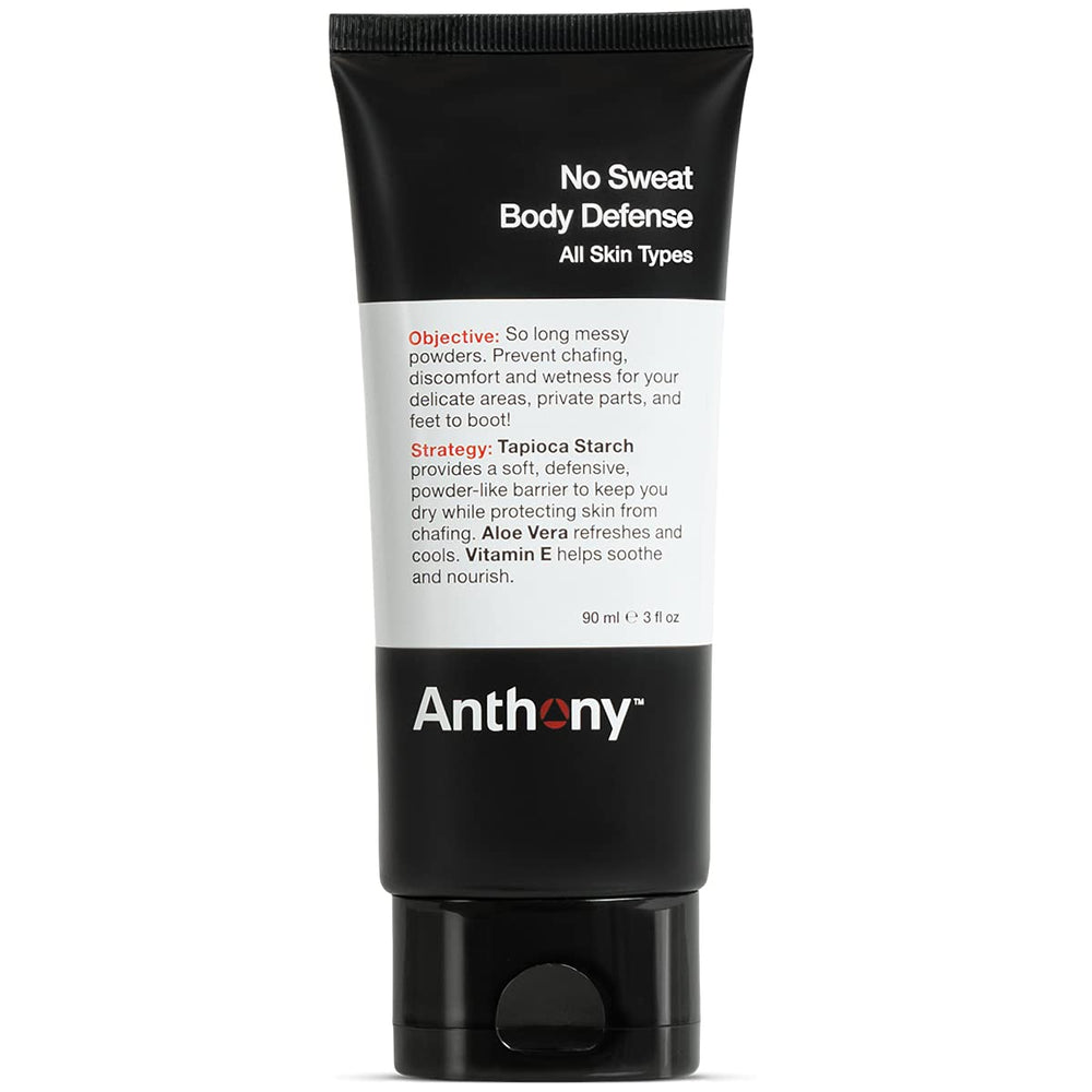 Anthony No Sweat Body Defense Deodorant tube closeup showing creamy-to-powder texture for all-day dryness