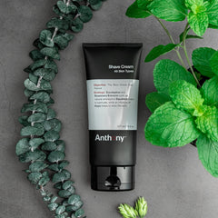 Anthony shaving cream ingredient close-up shows squalane, eucalyptus, rosemary for soothing shaved skin