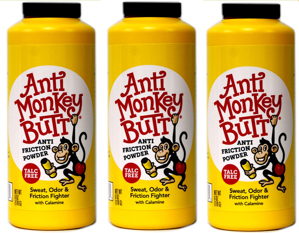 Anti Monkey Butt powder jar closeup; silky texture for all-day dryness.