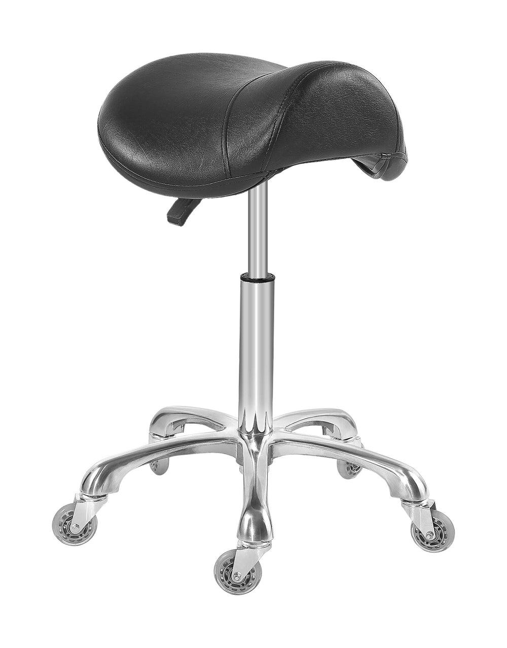 Antlu saddle stool side view demonstrates ergonomic comfort for extended sessions.