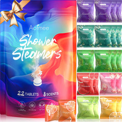 Aofmee 22-pack shower steamers in gift-ready packaging for holidays.