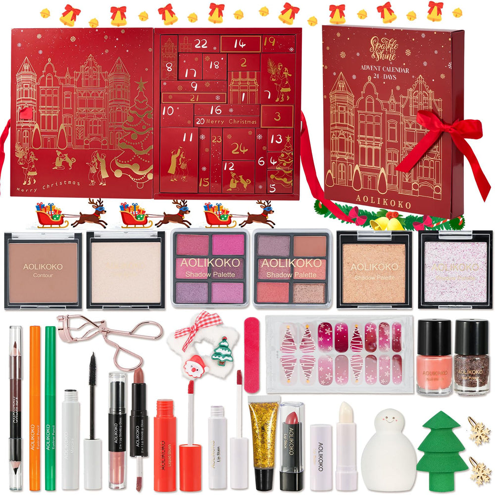 AOLIKOKO makeup advent calendar 2025 cover with festive packaging and holiday countdown tease.