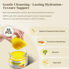 AOPO ingredients label highlights aloe vera, turmeric, and kojic for natural hydration.