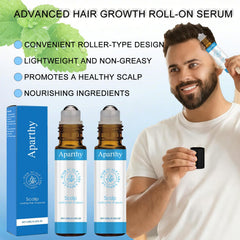 Aparthy hair growth roll-on bottle closeup highlights compact, portable packaging for on-the-go care.