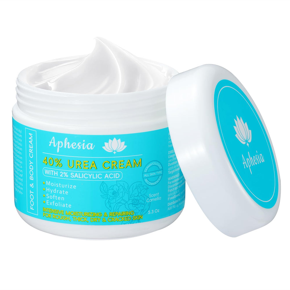 Aphesia Urea 40% foot cream bottle pour for deep hydration on dry heels.