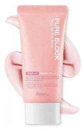 A'PIEU Pure Block Tone Up Sunscreen Base packaging showing a sleek bottle for daily use