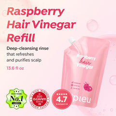 A'PIEU Raspberry Hair Vinegar bottle pour demonstrates quick, non-sticky rinse for refreshed scalp.