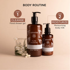 APIVITA Pure Jasmine Shower Gel bottle closeup—gentle formula for sensitive skin.