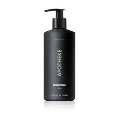 APOTHEKE Charcoal Lotion bottle shows fast-absorbing hydration for dry skin.