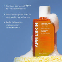 APRILSKIN Carrotene IPMP Exfoliating Body Wash packaging featuring niacinamide and ceramides for skin barrier support