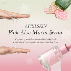 APRILSKIN Pink Aloe Mucin Serum label highlights 78% Jeju pink aloe soothing care.