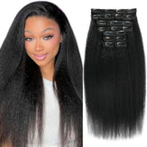 Aqifai kinky straight clip-ins 16in full head view for added length.
