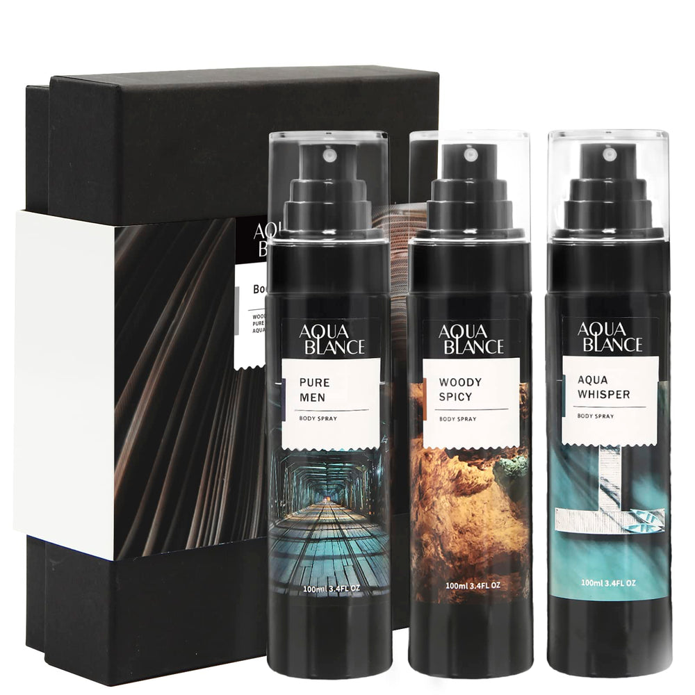 AQUA BLANCE deodorizing body spray front bottle for men provides all-day odor protection.
