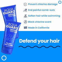 AQUA GUARD pre-swim defense being applied to hair to prevent chlorine damage.