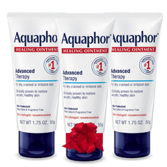 Aquaphor Advanced Therapy three-pack packaging displayed for dry skin protection