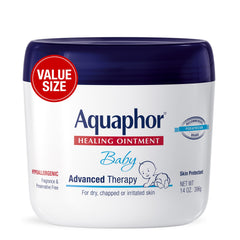 Aquaphor jar front label showing product name and size, offers trust and protection