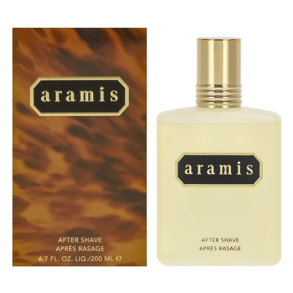 ARAMIS aftershave lotion bottle highlighting woody-leather profile for a refined masculine scent boost.