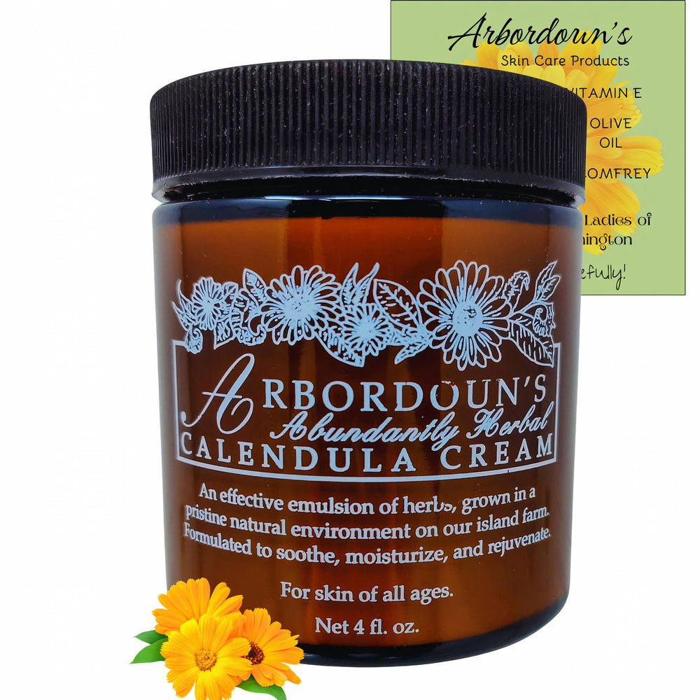 Arbordoun Calendula Cream amber jar close-up for soothing tattoos and eczema.