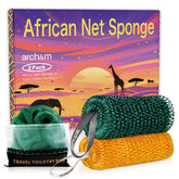 ARCH&M Afroscrub net sponge closeup in forest-green with golden threads for gentle exfoliation.