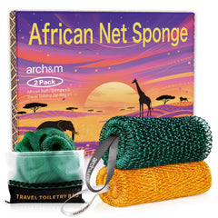 ARCH&M Afroscrub net sponge closeup in forest-green with golden threads for gentle exfoliation.