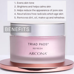 ARCONA Triad Pads label highlights cranberry and rice actives for brightness.