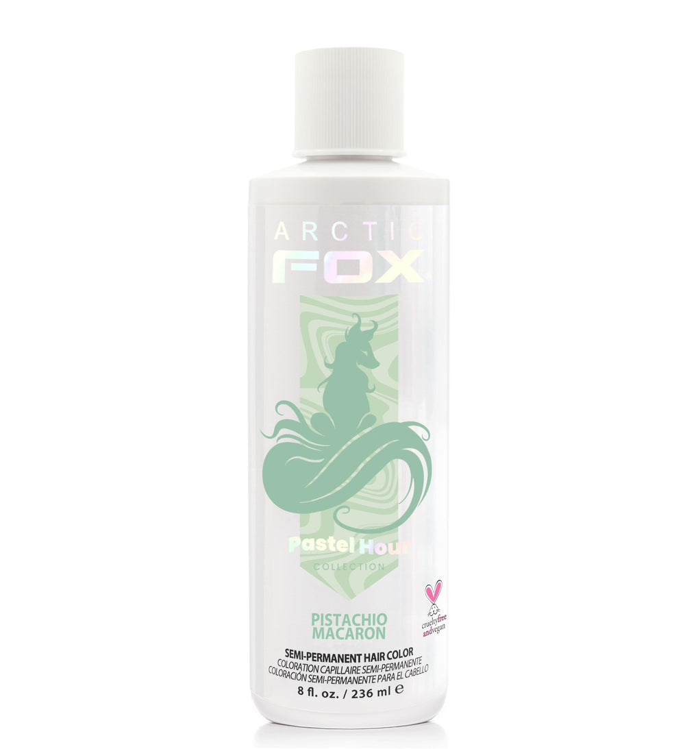 ARCTIC FOX Pistachio Macaron bottle close-up, vibrant pastel mint color with conditioning during application.