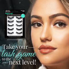 Ardell Natural 101 Demi Black lashes on eye demonstrates eye-lifting, rounded shape.