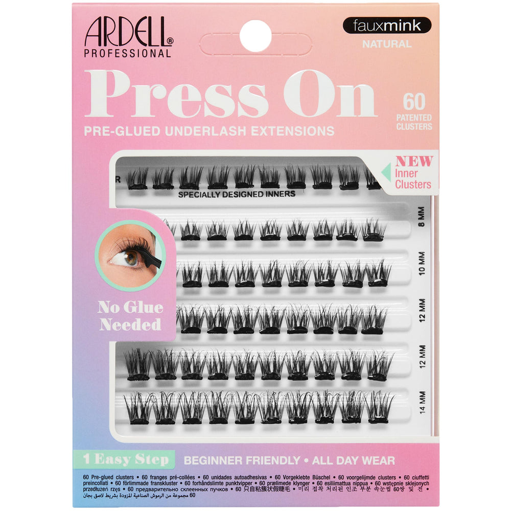 Ardell press-on pre-glued eyelash extension Fauxmink Natural packaging provides quick DIY glam.