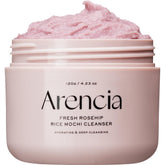 ARENCIA Fresh Rosehip Rice Mochi Cleanser tube close-up showing creamy texture and gentle exfoliation