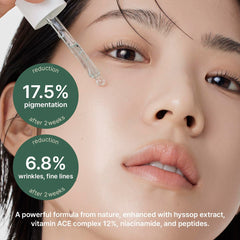 Arencia Hyssop Glow Serum ingredient graphic shows vitamins A, C, E and niacinamide synergy.