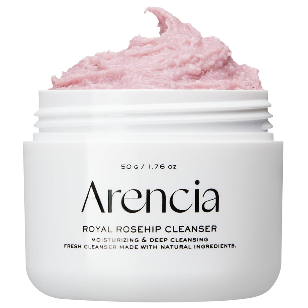 ARENCIA Rosehip Brightening Rice Mochi Cleanser packaging shows all-skin-types suitability for daily use.