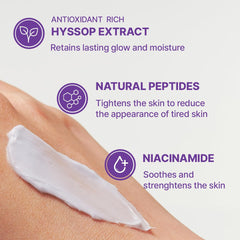 ARENCIA Hyssop Blurring Cream ingredients closeup featuring hyaluronic acid and collagen benefits.