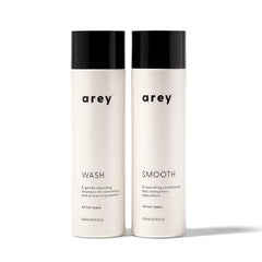 Arey Shower Duo two-pack on shelf highlights vegan anti-grey system for daily care