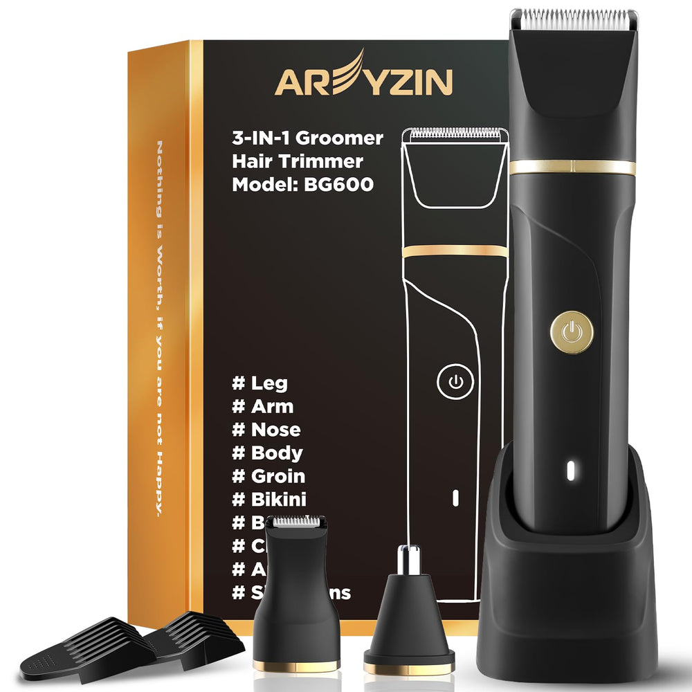 AREYZIN 3in1 body-trimmer-dock shows a convenient USB charging dock for easy grooming.